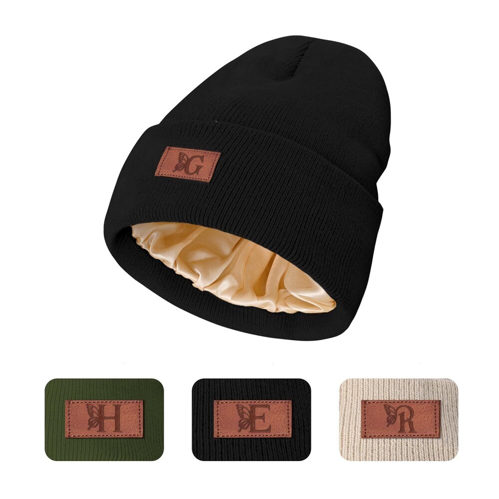 3679 Satin Lined Beanie Initial Black Winter Knit Beanies Hats Warm
